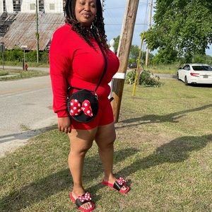 Red Long Sleeve Romper with Polka Dot Accessories